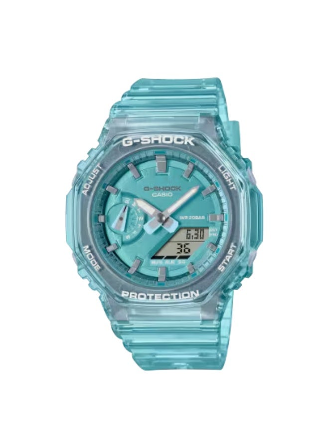 CASIO G-SHOCK GMA-S2100SK-2AER Women’s Compact, Translucent Aqua/Light Blue Resin Band, Dial with Clear Metallic Accents, Shock Resistant, 200m Water Resistance, World Time, Stopwatch, Timer, LED Light